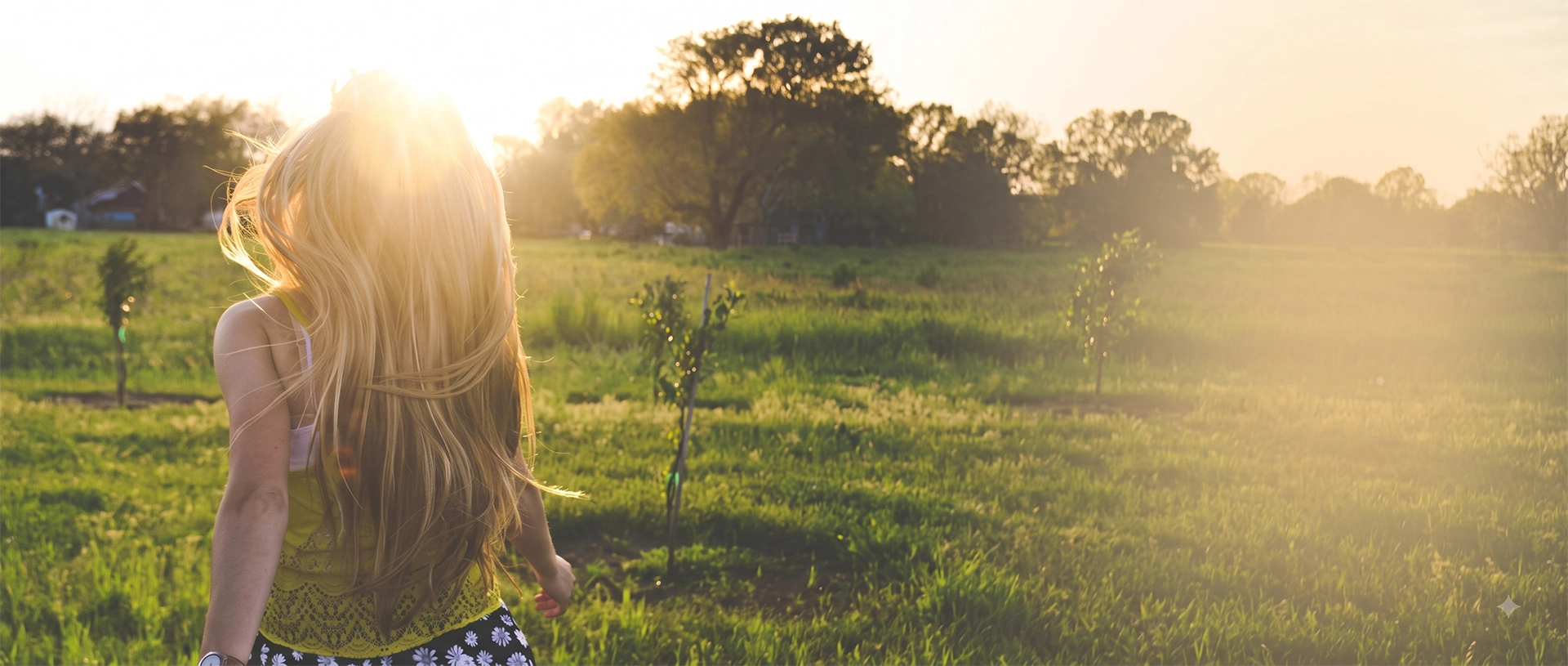 Mujer de espaldas caminando por un campo verde al atardecer, iluminada por la luz cálida del sol.