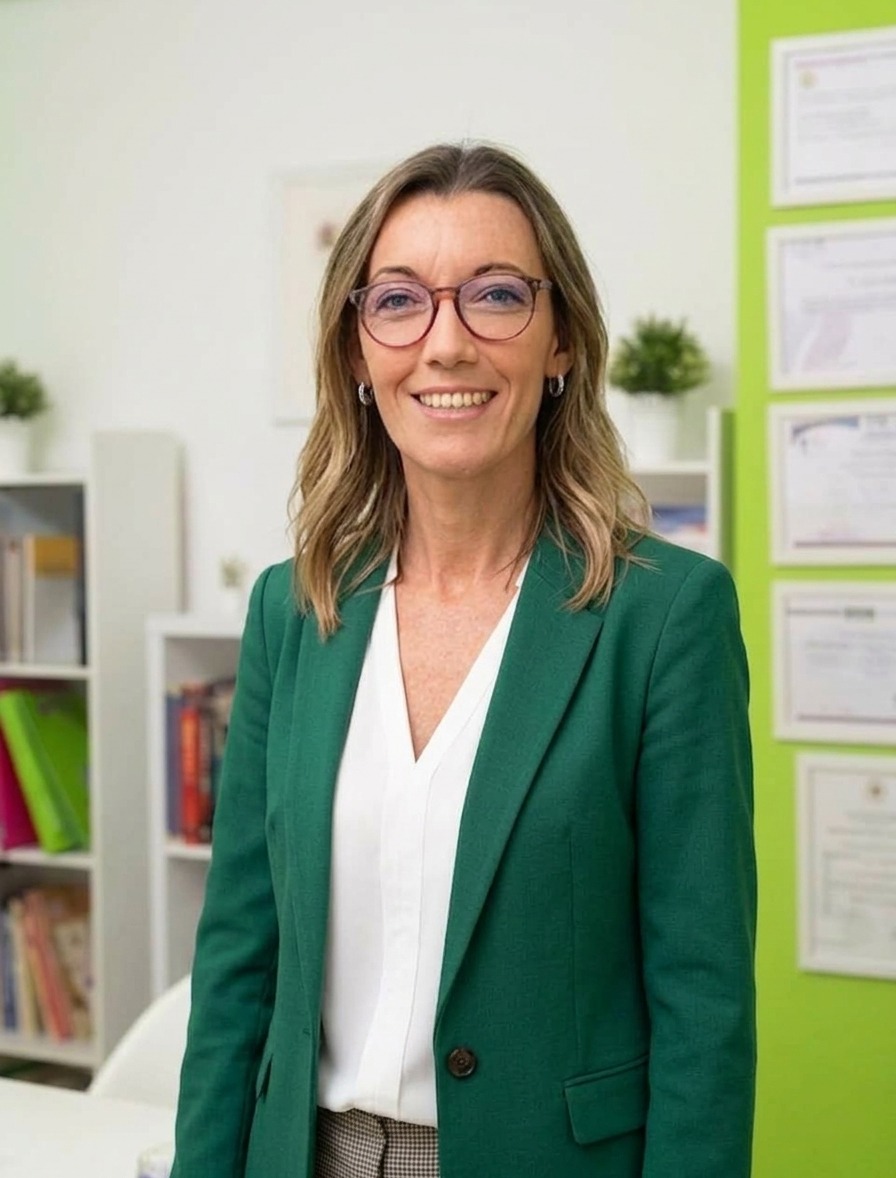 Retrato de una mujer sonriente con gafas y pendientes, de pelo castaño ondulado hasta los hombros, vestida con una camisa de flores verdes  sobre fondo blanco.
