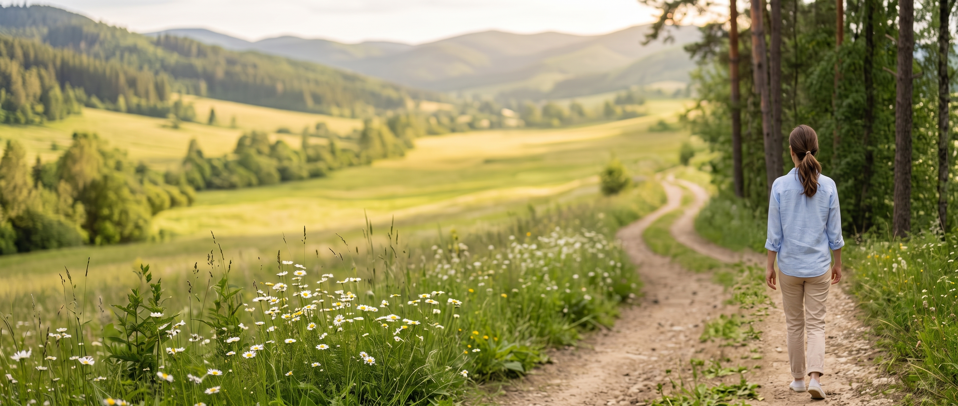 Mujer de espaldas andando por un camino atravesando un bosque y un campo de floresal atardecer.