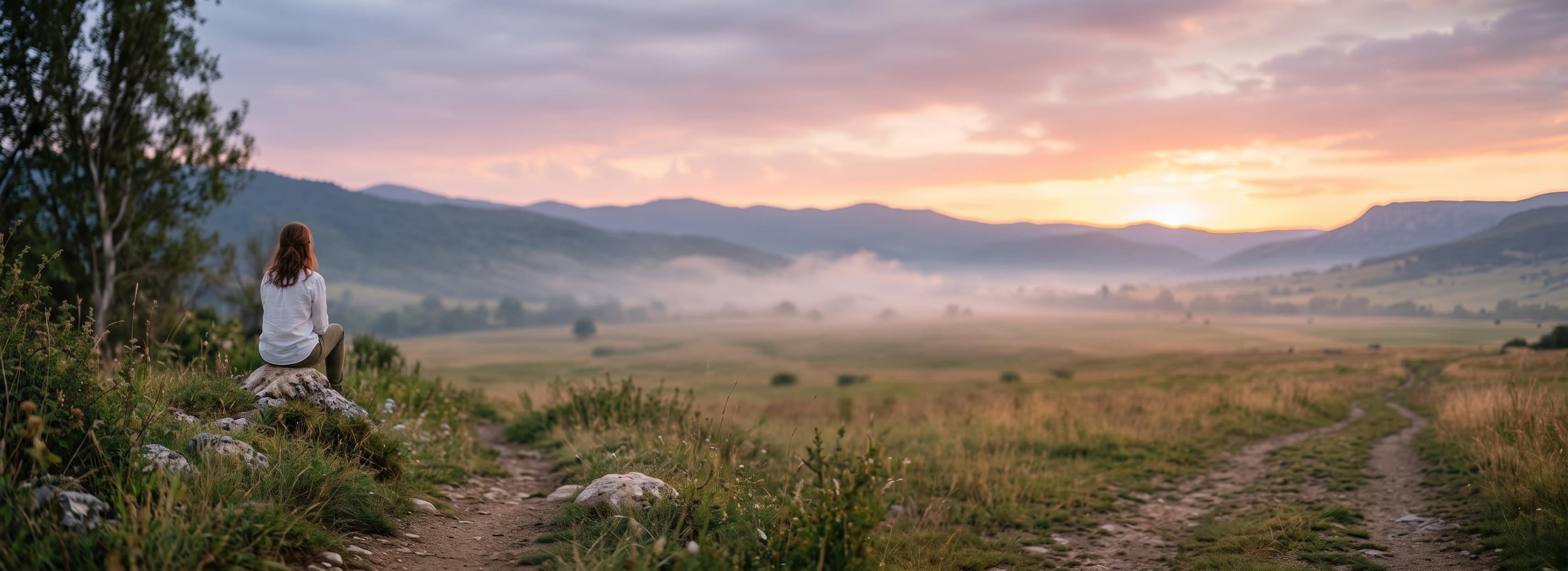 Mujer de espaldas sentada sobre una roca en un paisaje de montaña al atardecer, contemplando un valle con niebla suave y caminos entre la vegetación.