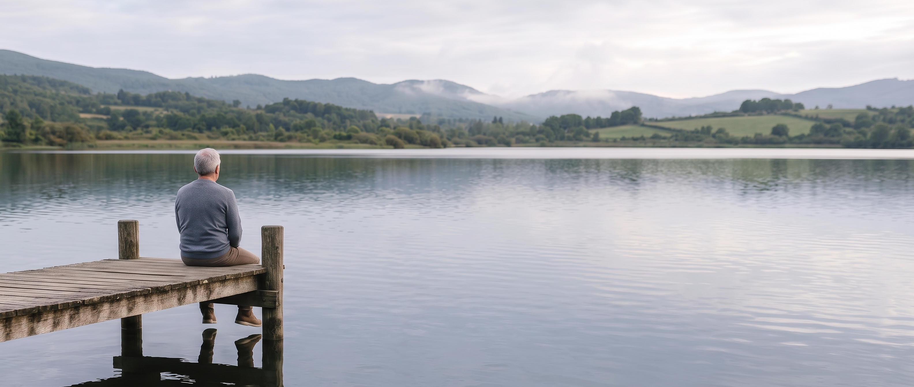 Hombre sentado en un muelle contemplando un lago rodeado de colinas y naturaleza.