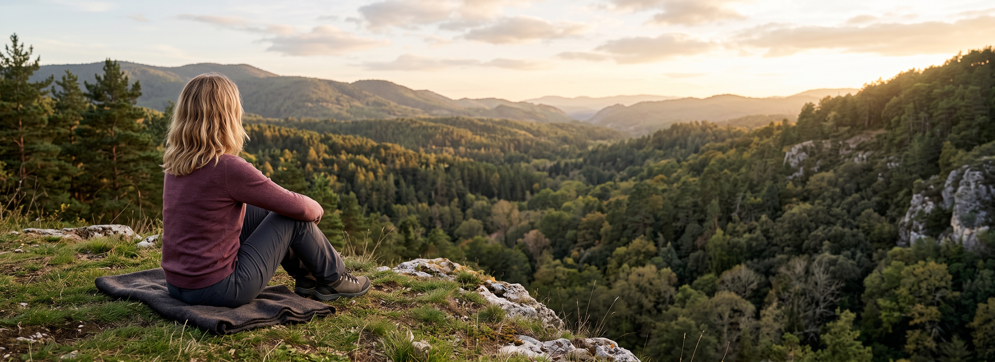 Mujer sentada en la montaña contemplando un valle boscoso al atardecer.
